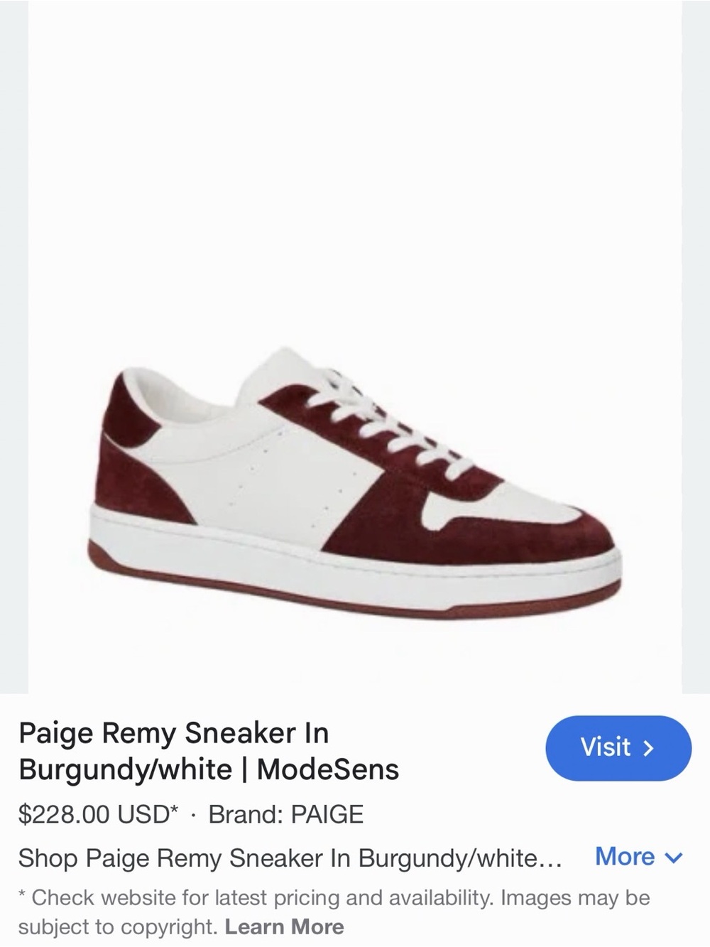 Paige Remy Sneaker in Burgundy/White Casual Lace-Up Sneakers NEW